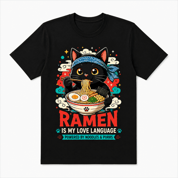 Cute Black Cat Eating Ramen T-Shirt Funny Ramen Is My Love Language Graphic Tee Kawaii Anime Style Noodle Lover Shirt Japanese Food Lover Gift Cat Lover Unisex Casual Tee