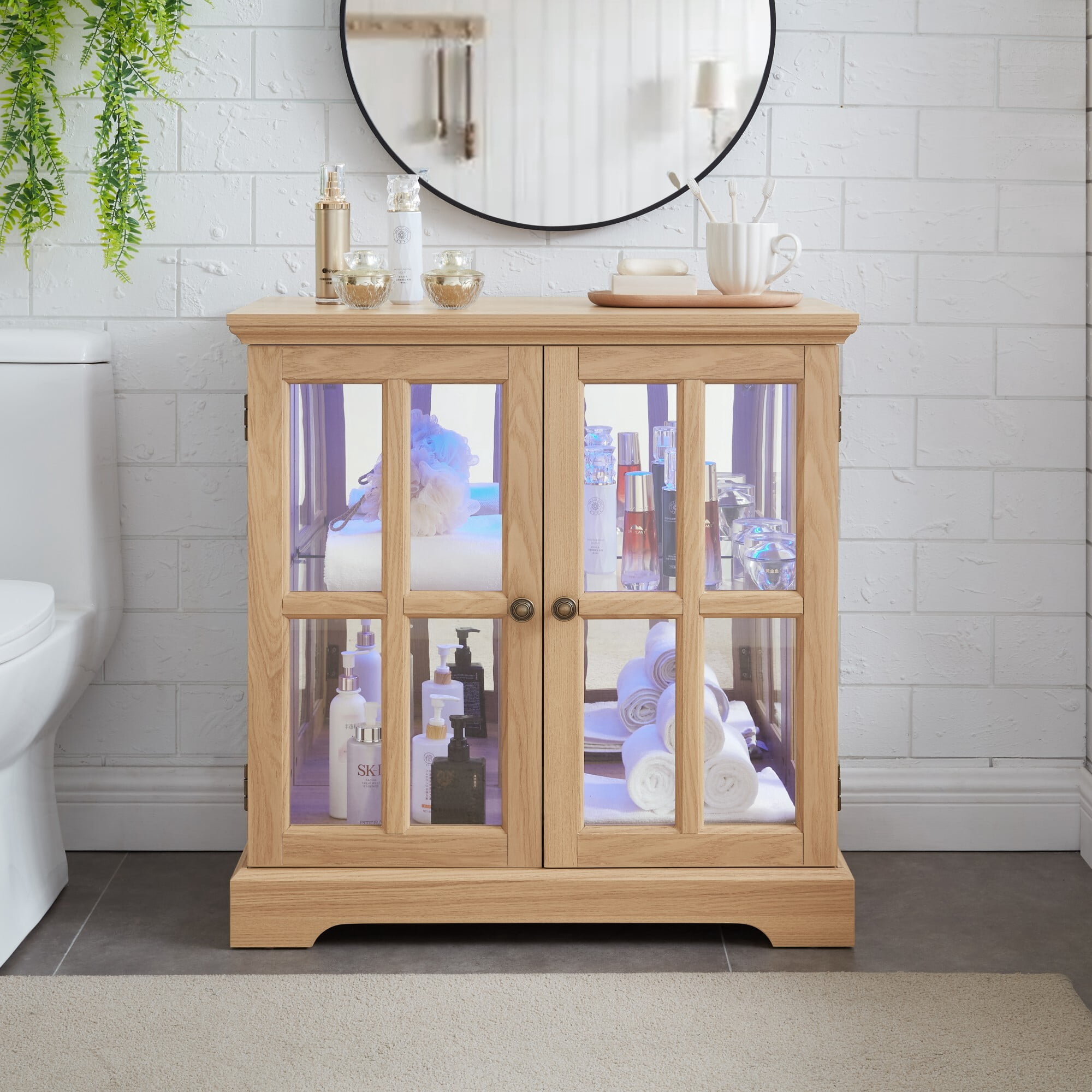AENKYO Retro LED Glass Display Cabinet with Adjustable Shelf, Vintage Style Curio Showcase for Home, Light Oak