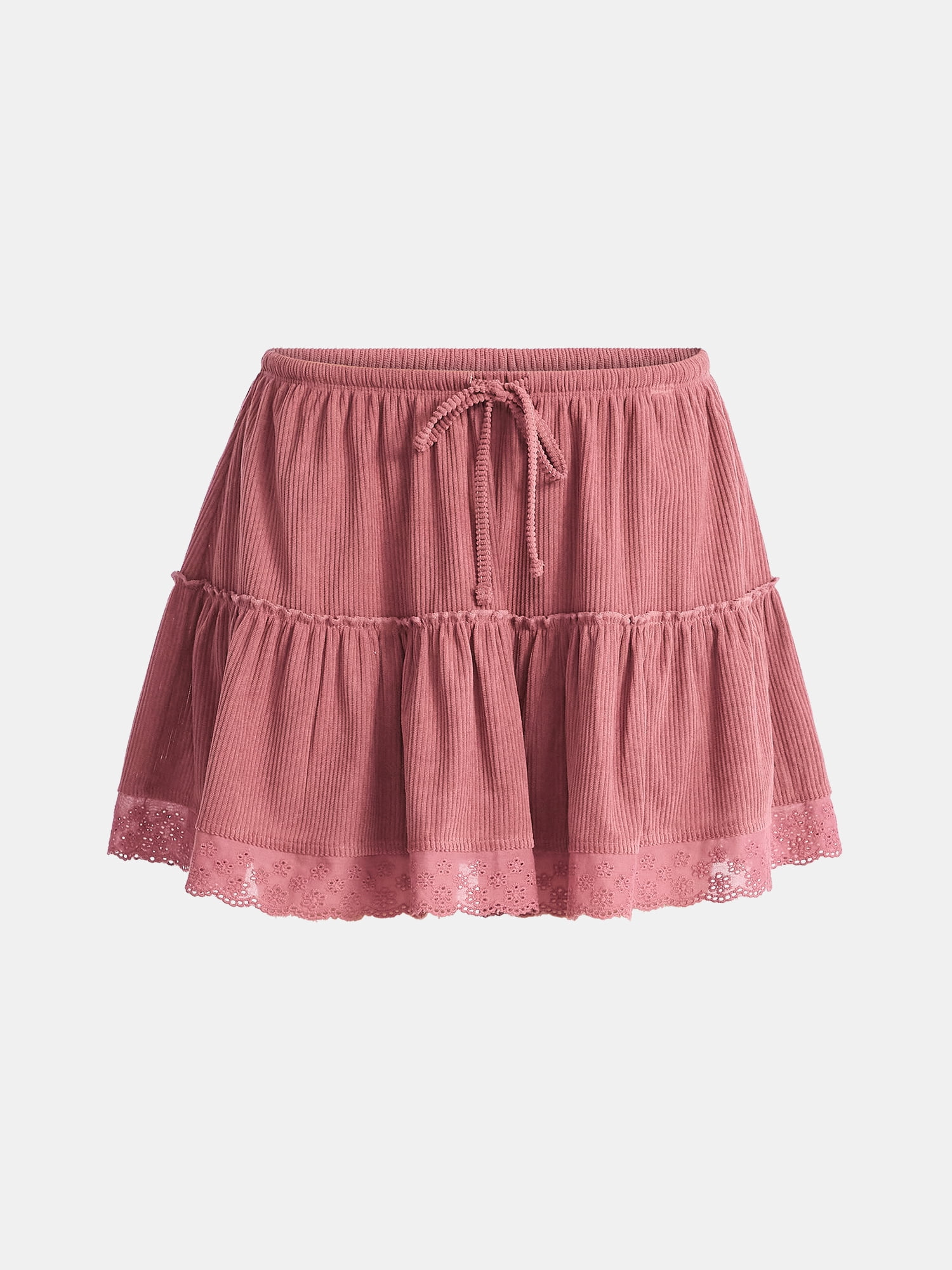 No Boundaries Drawcord Ruffle Mini Skirt with Lace Trim, Women's