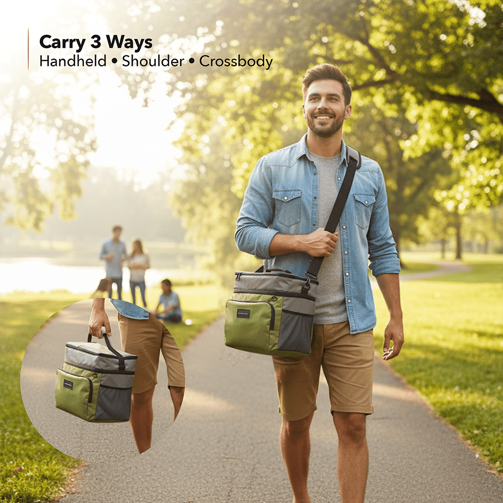 OVENTE Collapsible Soft Cooler Bag, Insulated Lunch Bag with Double-Deck Leakproof Compartments, Waterproof Exterior, Portable for Work, Travel, Beach, Camping and Road Trips, Green CCBI024GG