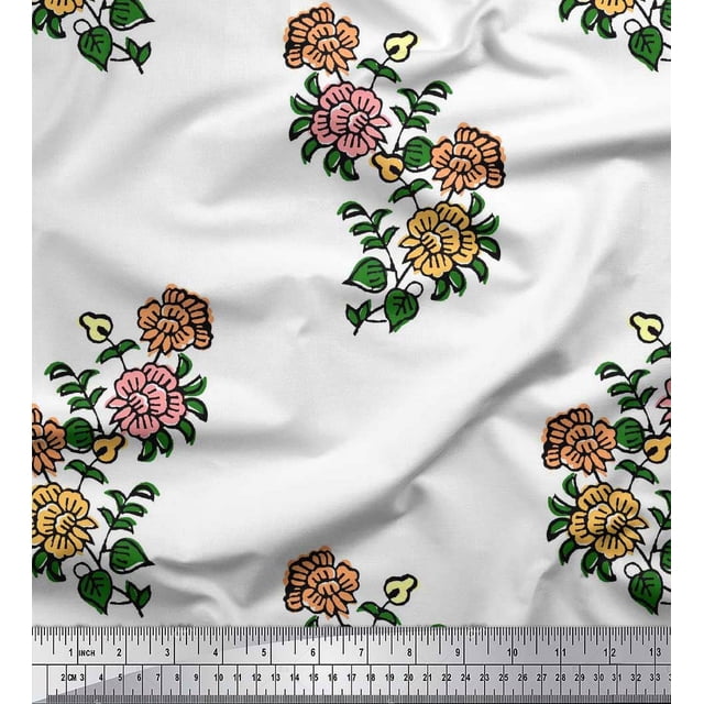 Soimoi Rayon Fabric Leaves & Floral Block Print Fabric by The Yard 42 Inch Wide