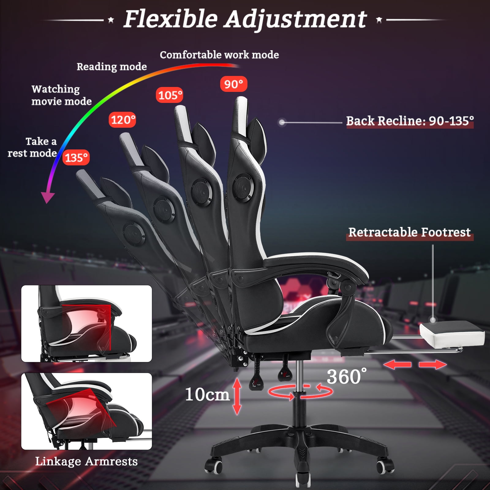 Hoffree Gaming Chair with Bluetooth Speakers and Footrest Massage Office Chair with LED Lights Ergonomic Game Chair High Back with Lumbar Support and Headrest Adjustable Swivel for Adults 300lb