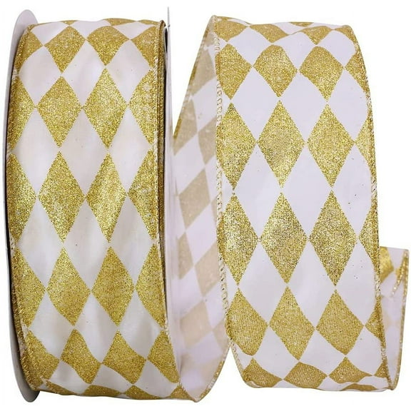 White Gold Diamonds Christmas Ribbon - 2 1/2" x 50 Yards, Argyle, Gold Wire Edged, Glitter, Mardi Gras, Gift Wrap, Wreath, Garland, Tree Topper Bow