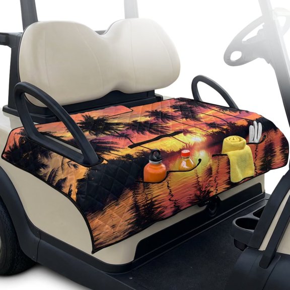 Uorisanigo Golf Cart Seat Covers Breathable Sunset Palm Trees Hawaiian Golf Cart Seat Cushions with 4 Front Pockets, Universal Golf Cart Seat Towel Blanket for 2 Person Seats Decoration