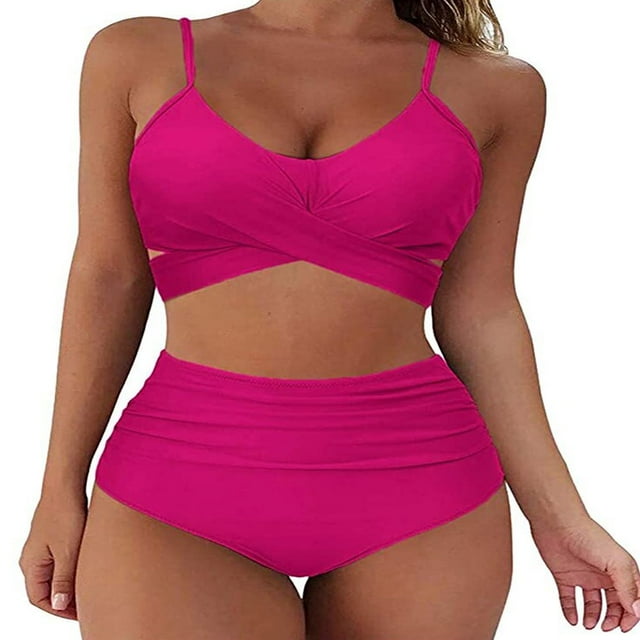 Female Two-Piece Bathing Suit Spaghetti Strap Bikini Tops Leopard Print Bikini Panties Swimsuits Yellow L