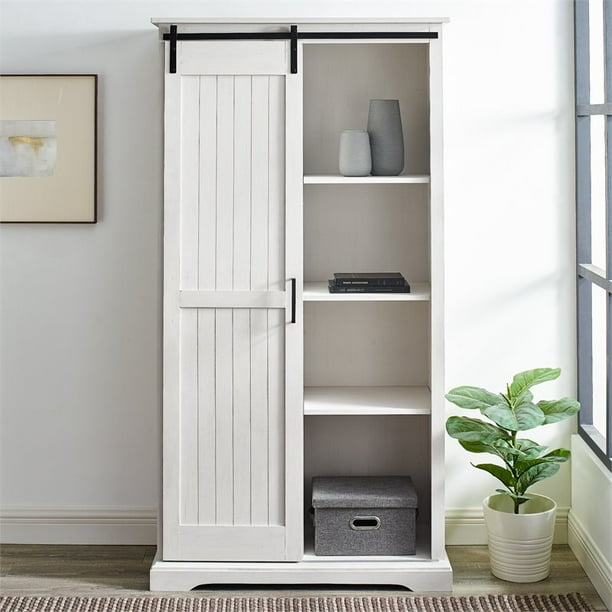 Modern Farmhouse Grooved Sliding Door Tall Storage Cabinet in
