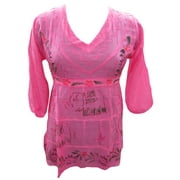 Mogul Women's Boho Blouse Embroidered Elephant Print Pink Tunic Top