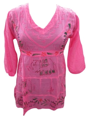 Mogul Women's Boho Blouse Embroidered Elephant Print Pink Tunic Top