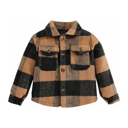 

WREESH Little Kid Toddler Baby Boy Girl Plaid Flannel Shacket Jackets Long Sleeved Lapel Button Up Shirts Fall Winter Tops Brown