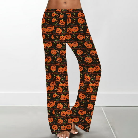 Halloween PJ Pants Women Pumpkin Skull Ghost Print Pajamas Cute Funny PJ's Women's Jammies PJs 01-Saffron XXXL