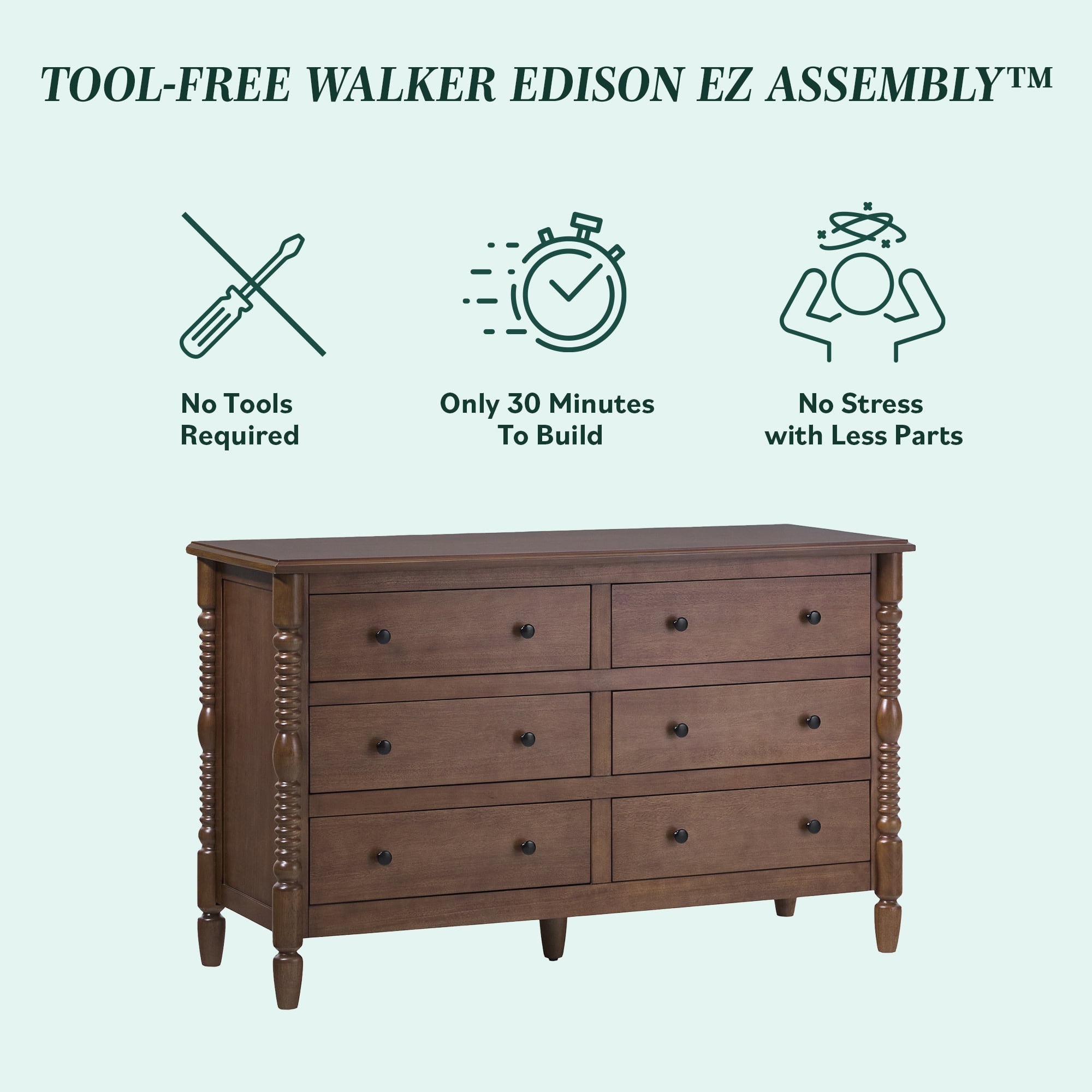 Vivienne Walker Edison Easy Assembly Solid Wood Spindle 6-Drawer Dresser - Dark Brown