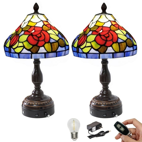 Kiven Cordless Table Lamp, Dimmable Bedside Lamps for Nightstand with Glass Lampshade, Tiffany-Style Rechargeable Desk Lamp for Reading Home Decor Bedside,Set of 2(TD0530)