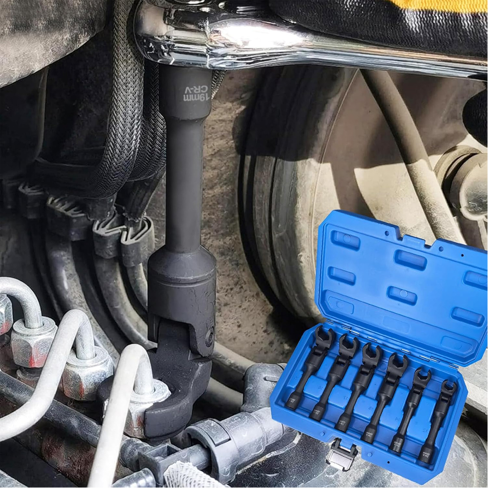 6 Piece Long Curved Head Line Wrench Set, 3/8 Inch Drive Syringe Fuel Line Fishtail Trumpet Socket Wrench Metric 12/14/16/17/18/19 mm