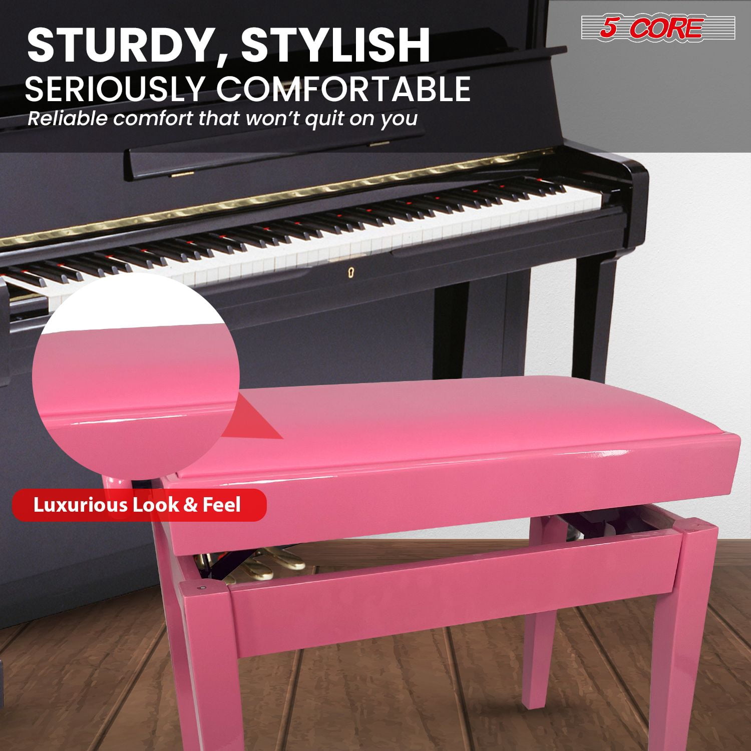 Adjustable Piano Bench Thick 3.25" Solid Wood Keyboard Stool Heavy Duty Musician Chair