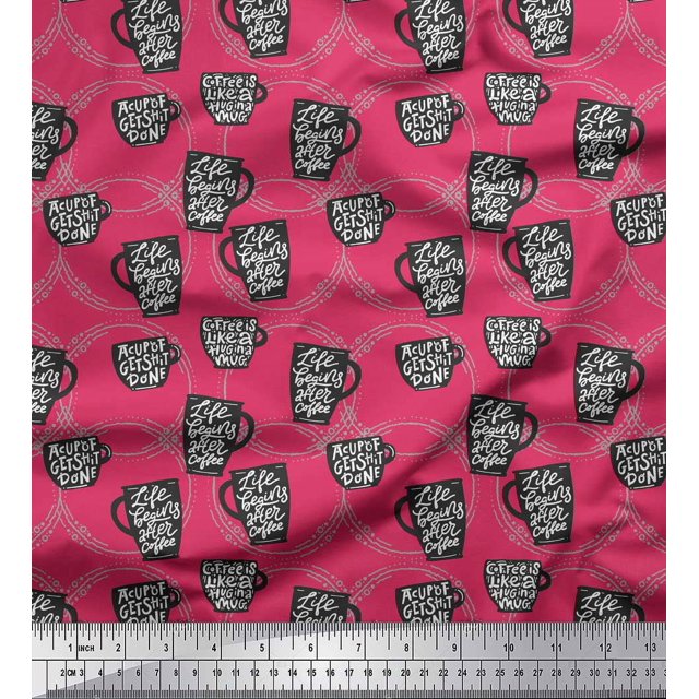 Soimoi Pink polyester Crepe Fabric Life Begins After Coffee Text Fabric Prints By Yard 42 Inch Wide