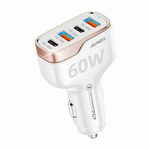 60W USB C Fast Car Charger, 4-Ports Car Charger Adapter, Dual Type C PD30W/PPS30W Compatible with iPhone16/15 Pro/Max/iPhone14/iPad Pro/Galaxy/SamsungS24, Dual USB-A 18W QC3.0 for Android