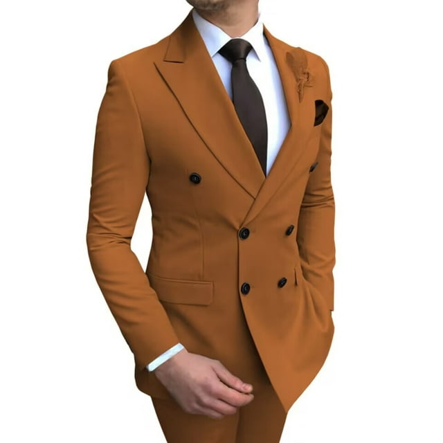 Men's Brown Skinny Fit Two-Piece Suit Jacket and Pants for Formal Business