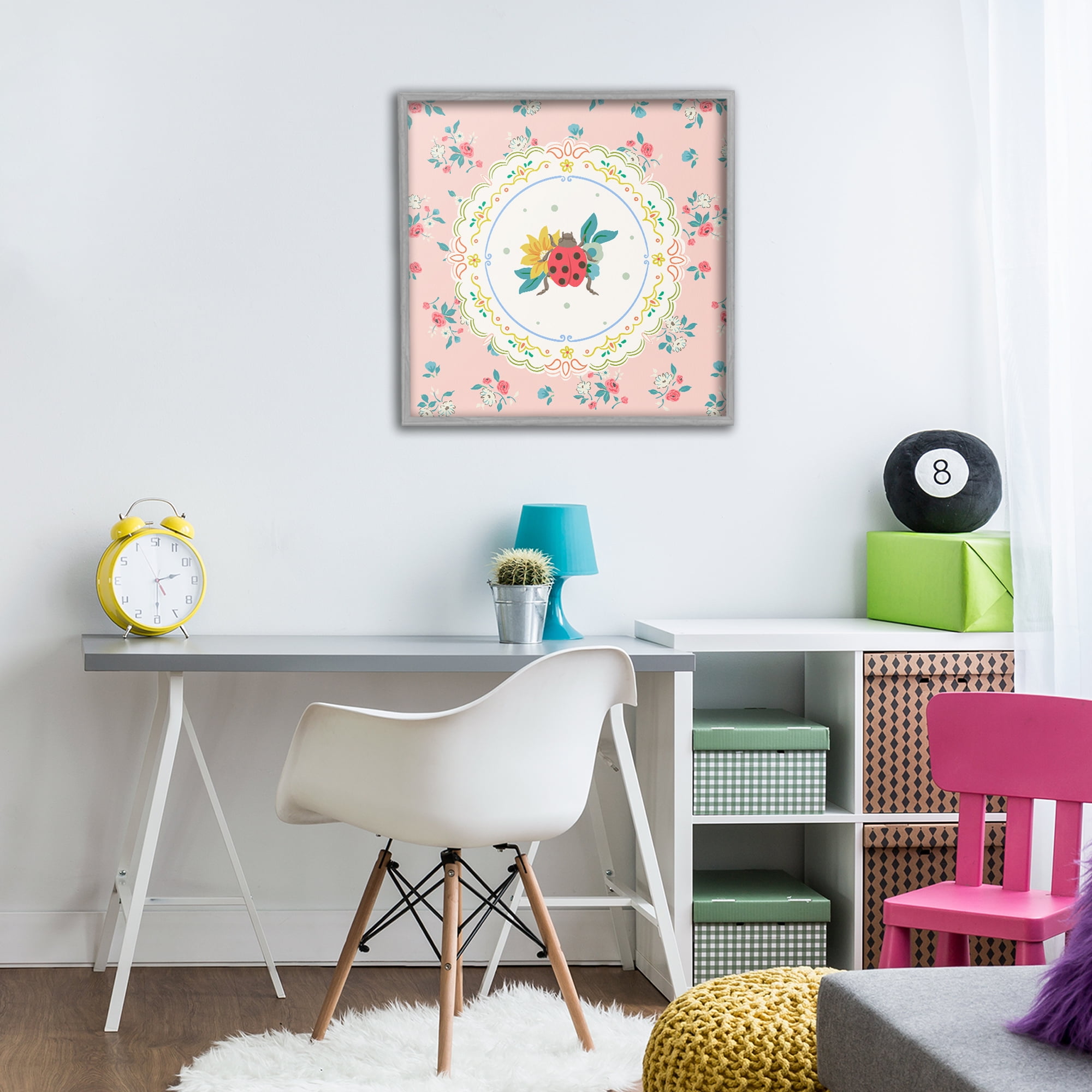 Spring Lady Bug Lace Pattern Gray Framed Giclee Art, design by Angela Steahling