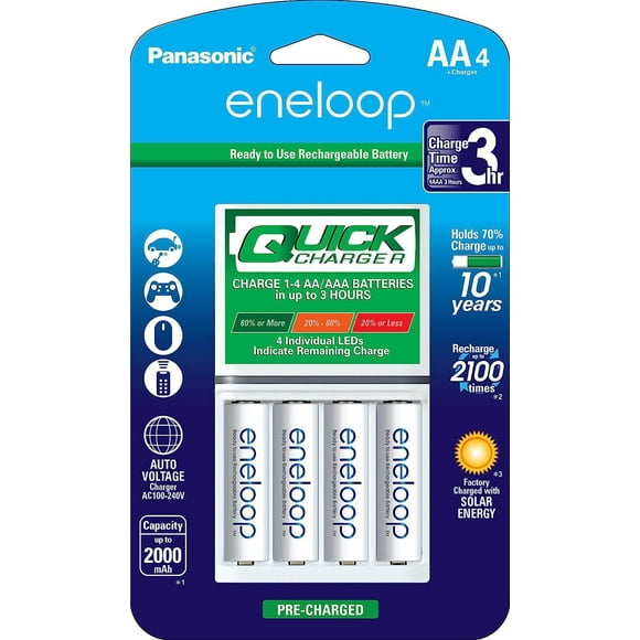 Panasonic Eneloop Advanced Individual Battery 3 Hour Quick Charger with AA Eneloop Rechargeable Batteries, (Pack of 4)