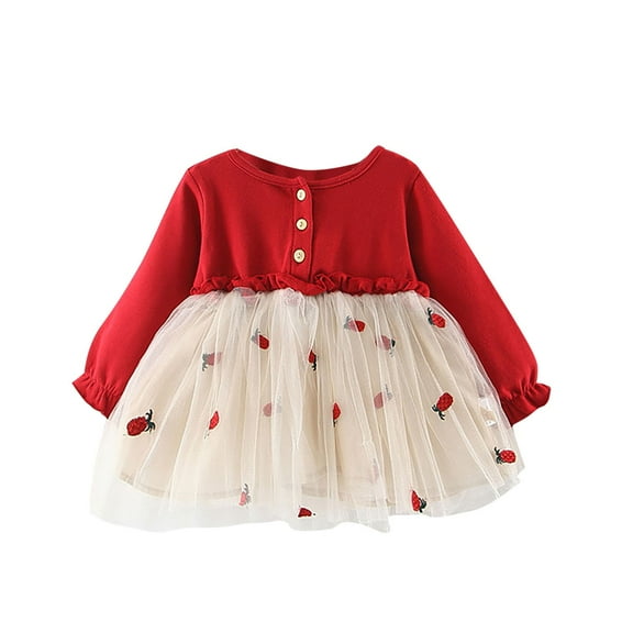 Odeerbi Infant Girls Strawberry Tulle Princess Dress Baby Children's Cute Long Sleeve Cotton Dress Infant Girls Clothes