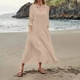 thumbnail image 2 of Women's 3/4 Sleeve Crew Neck Boho Dress - Solid Color, Loose Fit with Pockets - Casual/Summer Sundress, 2 of 4