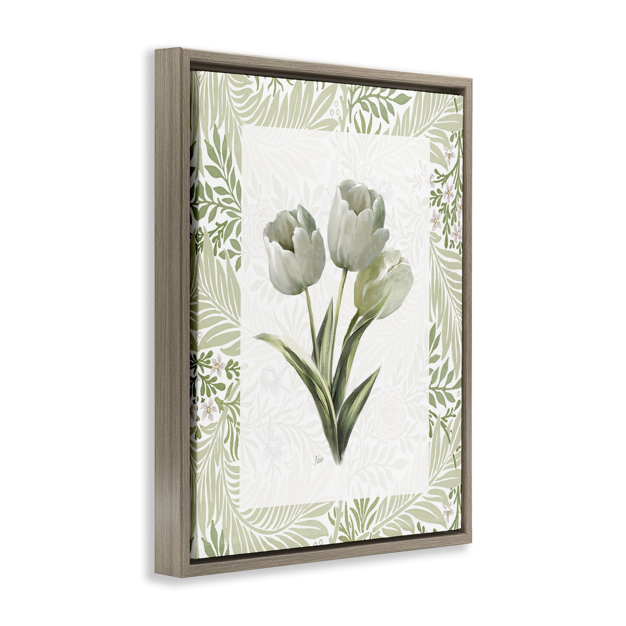 Stupell Industries Pale Green Tulip Trio Brown Framed Floater Canvas Wall Art, design by Nan