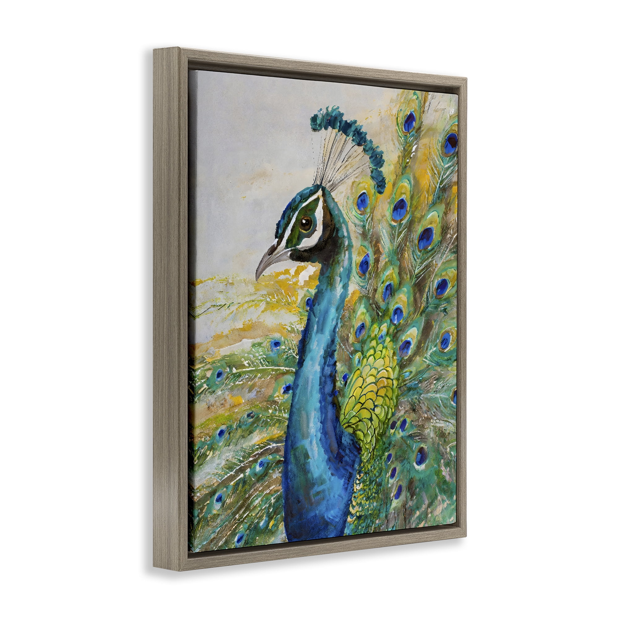 Stupell Industries Regal Blue Peacock Feathers Brown Framed Floater Canvas Wall Art, design by Creative Studio