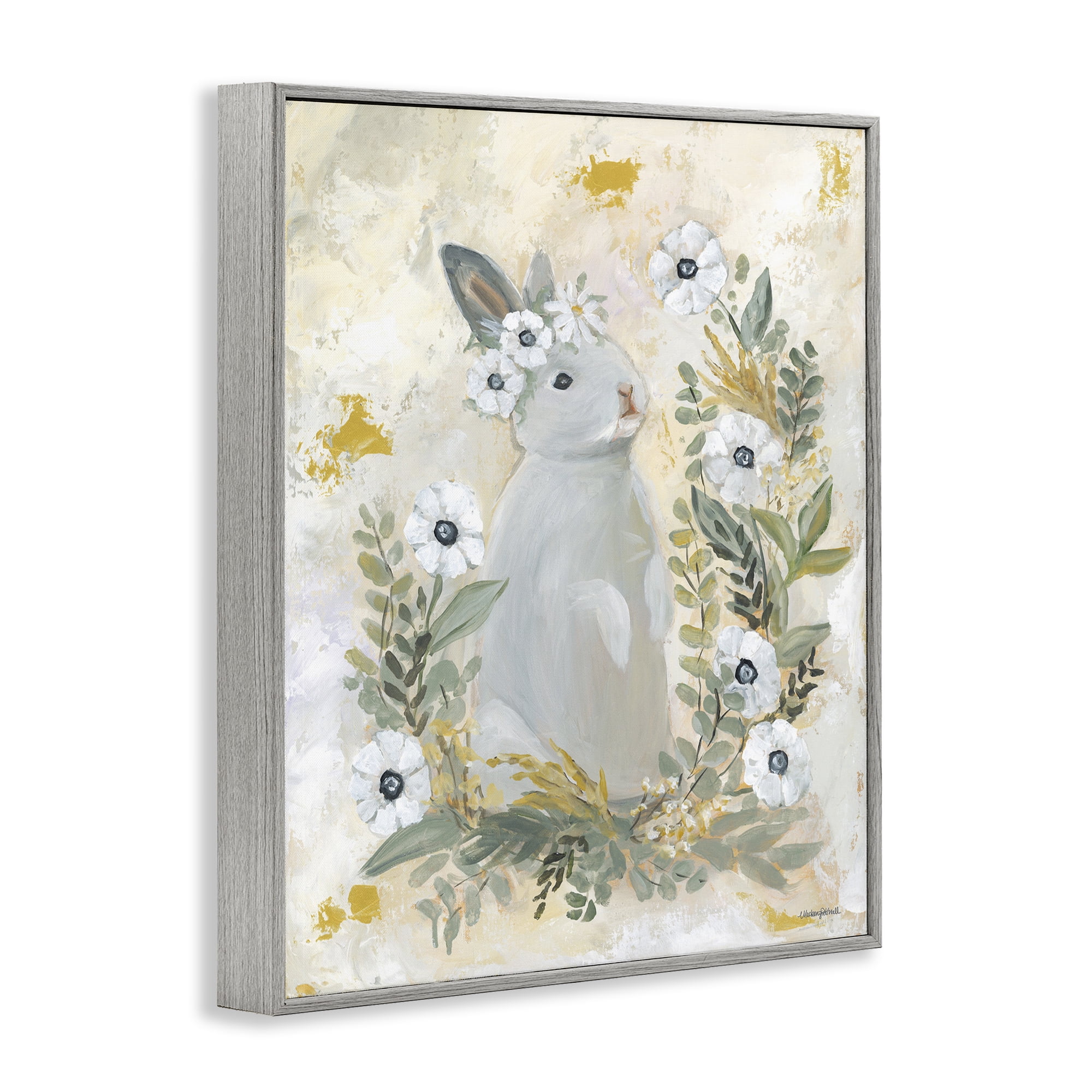 Bunny with White Blooms Gray Framed Giclee Art, 24 x 30, Made In USA