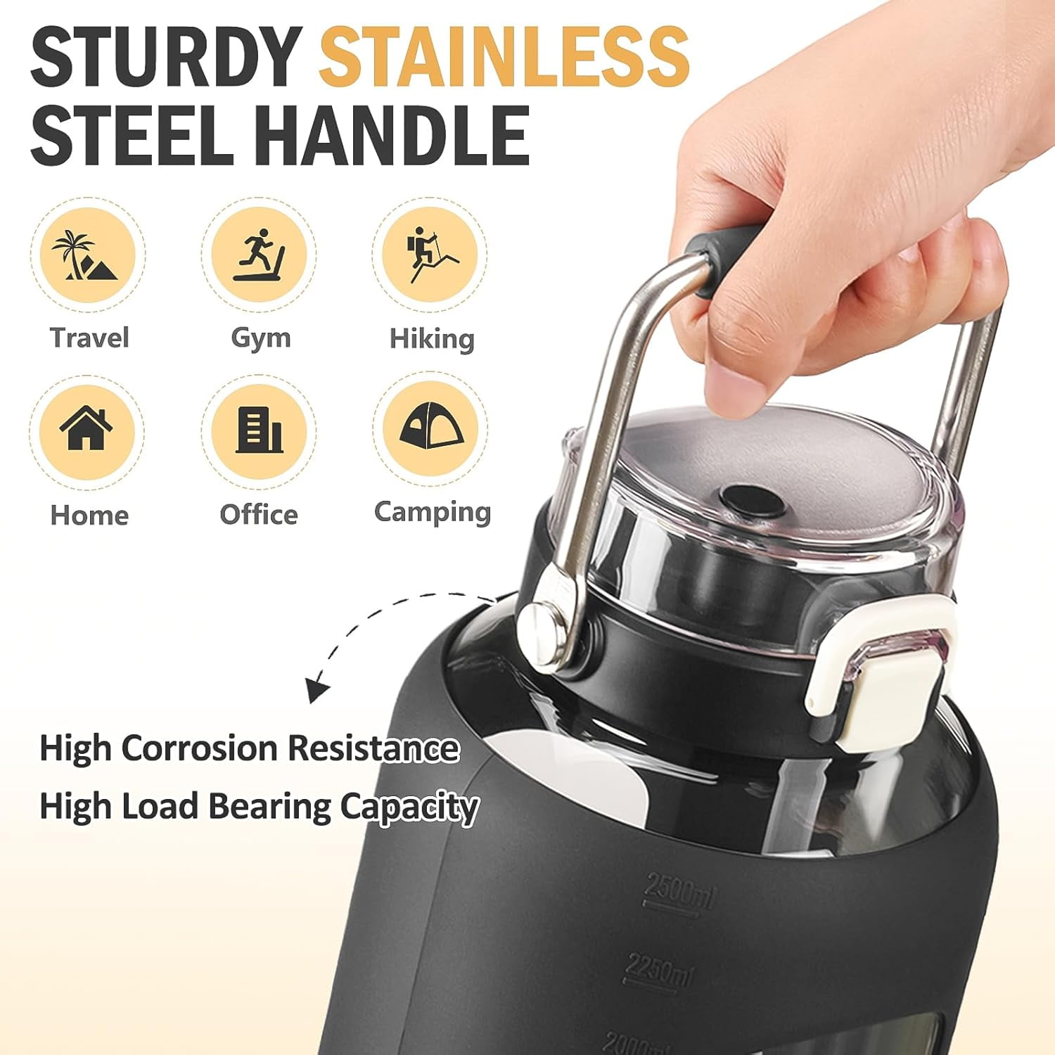 MUKOKO 84oz Glass Water Bottle, 2.5L Gallon Water Jug with Straw Lid and Stainless Steel Handle, Motivational Capacity Marker, Black