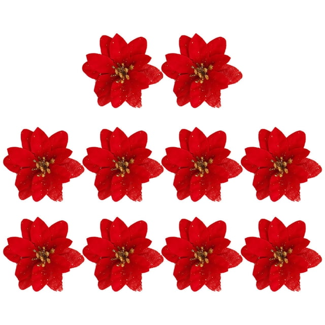10 piezas de flores artificiales de navidad Rojo NagediMX, frontal con diez flores rojas de tela y lentejuelas dispuestas en filas sobre fondo blanco, centros dorados texturizados, tamaño aprox. 6 x 6 x 0.5 cm; para árbol de Navidad, guirnaldas, arreglos festivos y manualidades.