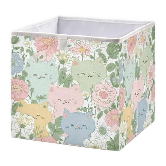 Foldable Fabric Storage Bin Home Cubes Clothing Organizer Bins Large Collapsible Box Basket for Home Organizer Pastel-colored Cats and Flowers