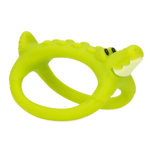 Mordedera Nuby Figura Cocodrilo verde para bebés en dentición, con múltiples texturas y relieves que alivian y masajean encías, labios y lengua. Su diseño ergonómico facilita el agarre y estimula la alimentación y lactancia.