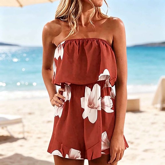 HBYJLZYG Women's Strapless Off Shoulder Floral Print Romper, Sleeveless Loose Fit Summer Beach Outfit with Elastic Waist and Wide Leg Shorts for Vacation