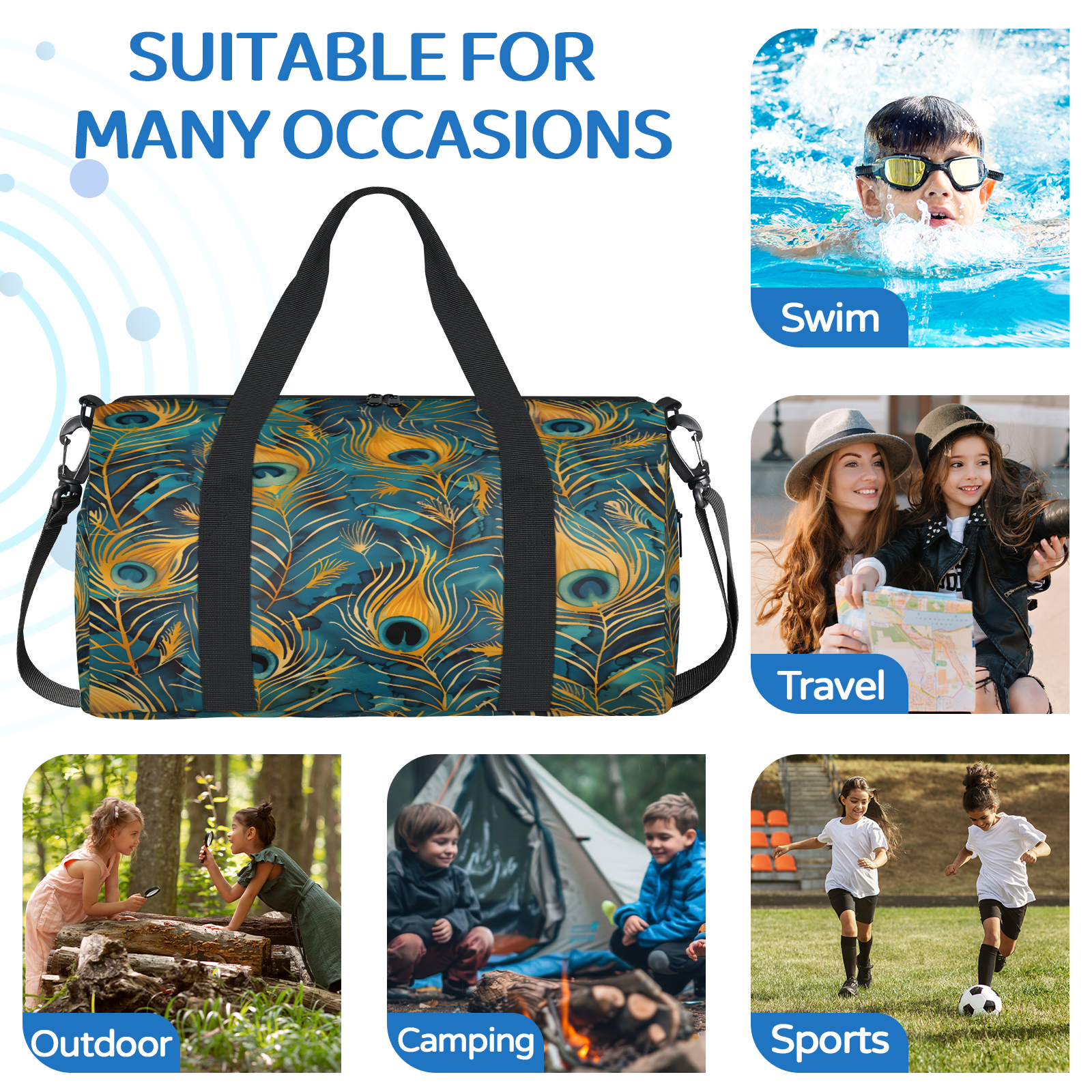 Herdesigns Bohemian Peacock Feather Travel Duffle Bag Sports Yoga Weekender Overnight Carry on Workout Bags Lightweight Waterproof Gym Tote Bag for Women