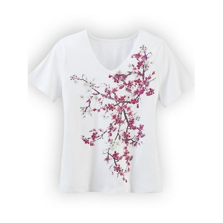 Sparkle Knit Top - Women's Pink Cherry Blossom Sequined Short-Sleeve Top with Sparkling Sequins, Jersey Knit Material, Medium, White