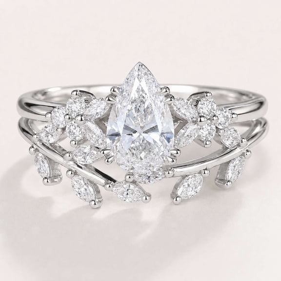 vylahjewellery Floral Leaf Engagement Wedding Jewelry, Vintage 2.5 CT Moissanite Wedding Set Ring Pear Cut Ring Diamond Engagement Ring
