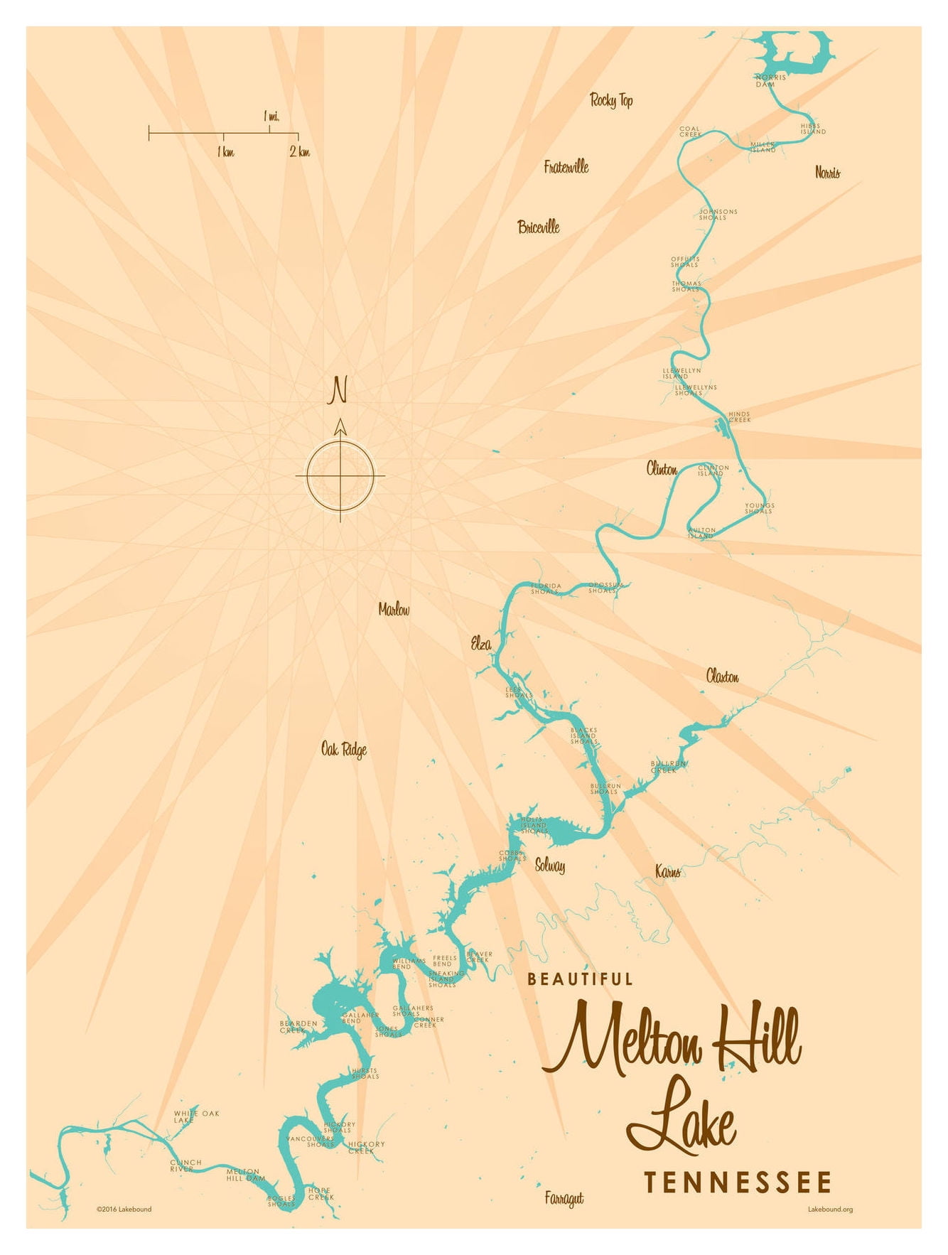 Melton Hill Lake Tennessee Map VintageStyle Art Print by Lakebound (9