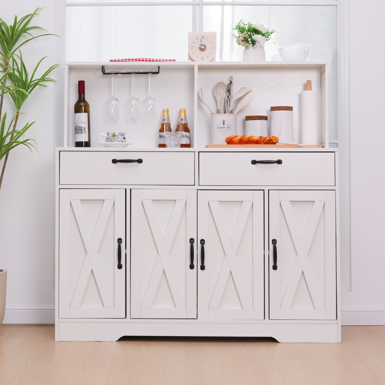 Walsport 47'' Coffee Bar Cabinet - Farmhouse Sideboard Buffet Cabinet with Storage - Kitchen Pantry Storage Cabinet with Doors and Shelves for Dining Room, Living Room, Kitchen (White))