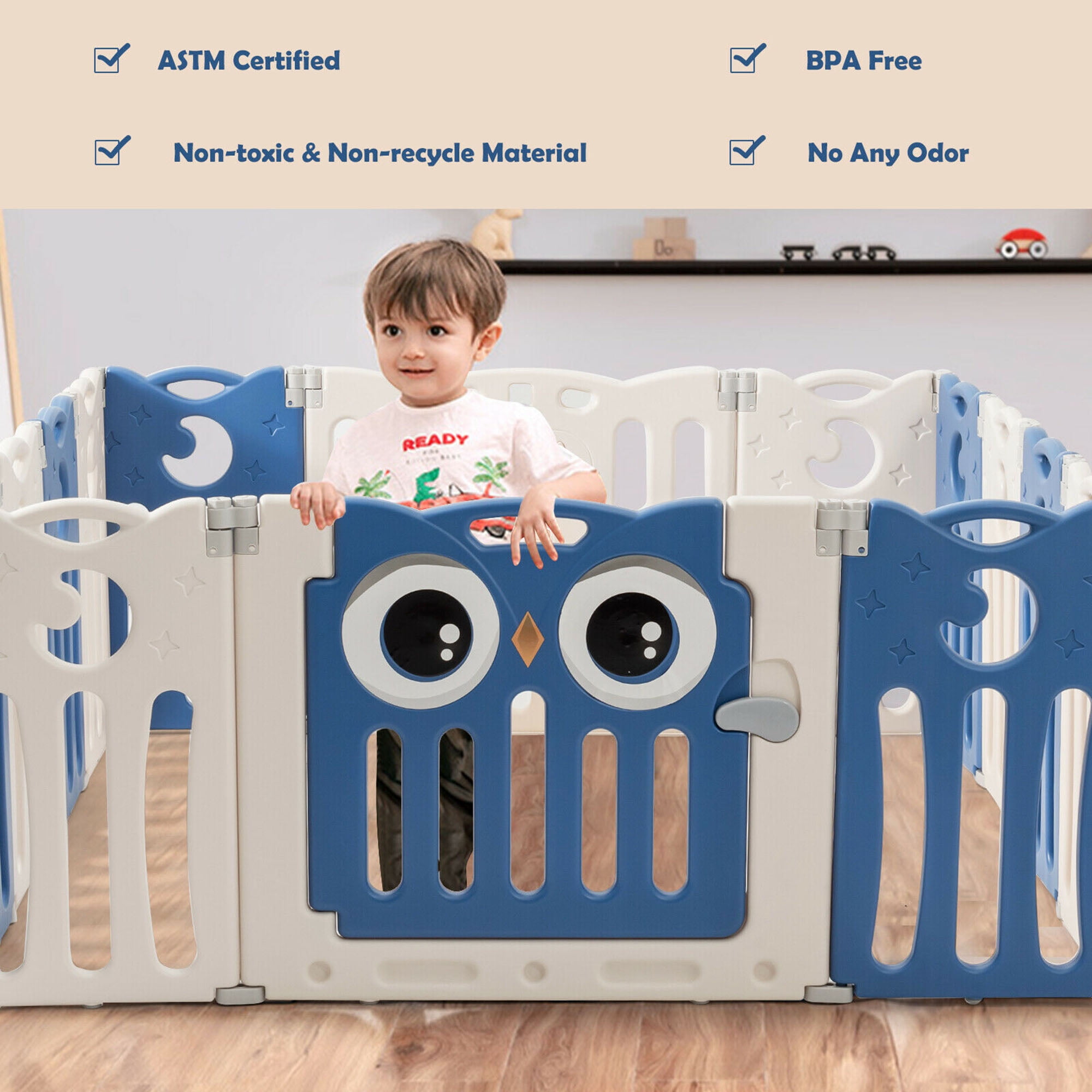 Gymax 14-Panel Baby Playpen Foldable Play Yard Kids Activity Center with Lock Door, Blue