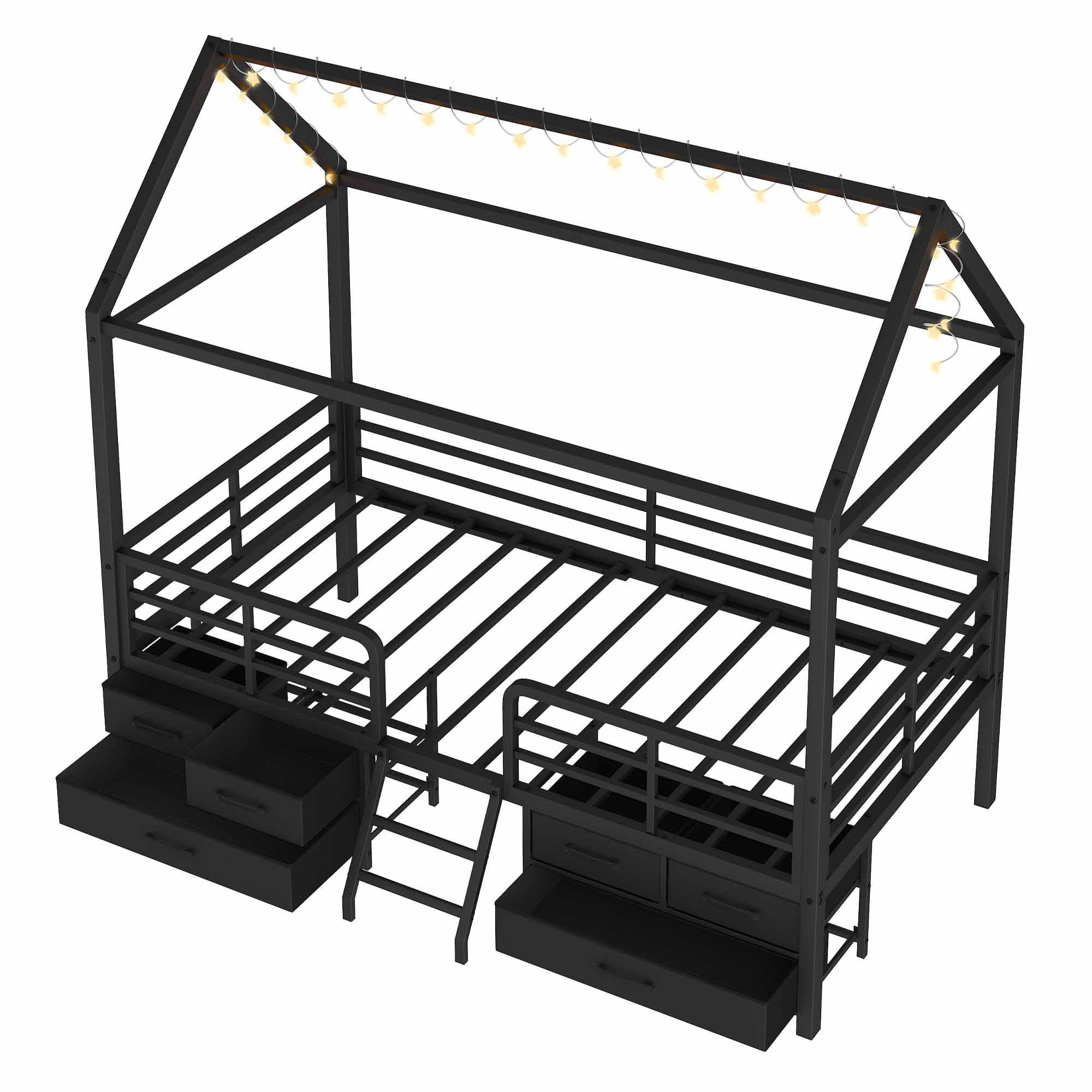 Miniyam Twin House Bed Frame with 6 Storage Drawers and Star Moon Lights, Metal Platform Bed, Black