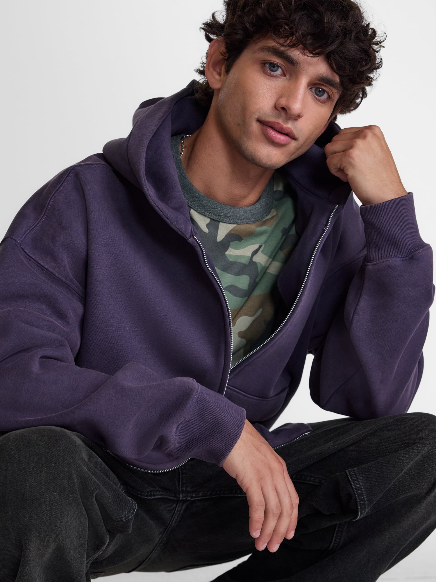 No Boundaries Boxy Fit Heavyweight Fleece Full Zip Hoodie Sweatshirt, Men's Sizes XS-3XL