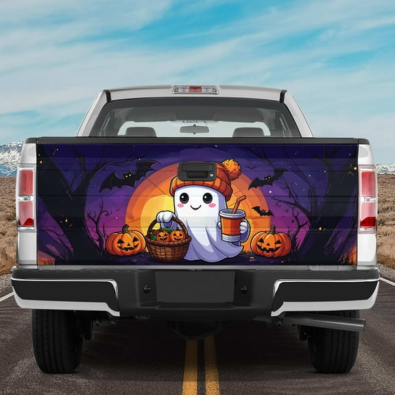 Lotusprinthandmade Cute Spooky with Pumpkin Halloween Tailgate Wrap 2 Sizes (24"x58"), halloween truck decal, cute spooky with pumpkin wrap