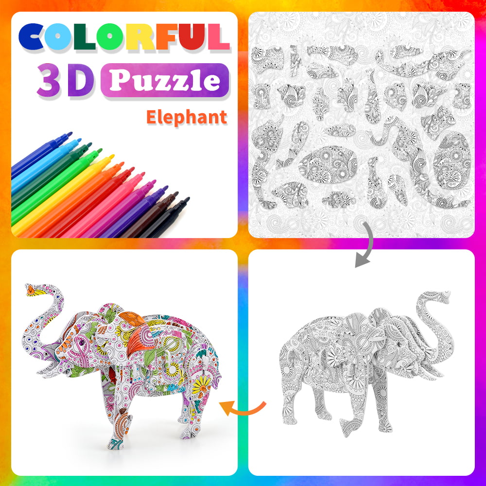 SUNNYPIG 3D Coloring Puzzles with 10 Pen Markers for Kid Age 7 8 Year Old,  Fun Creative DIY Toys for 6 Year Old Boy Girls Birthday Gift Elephant Head  Art Painting Kit