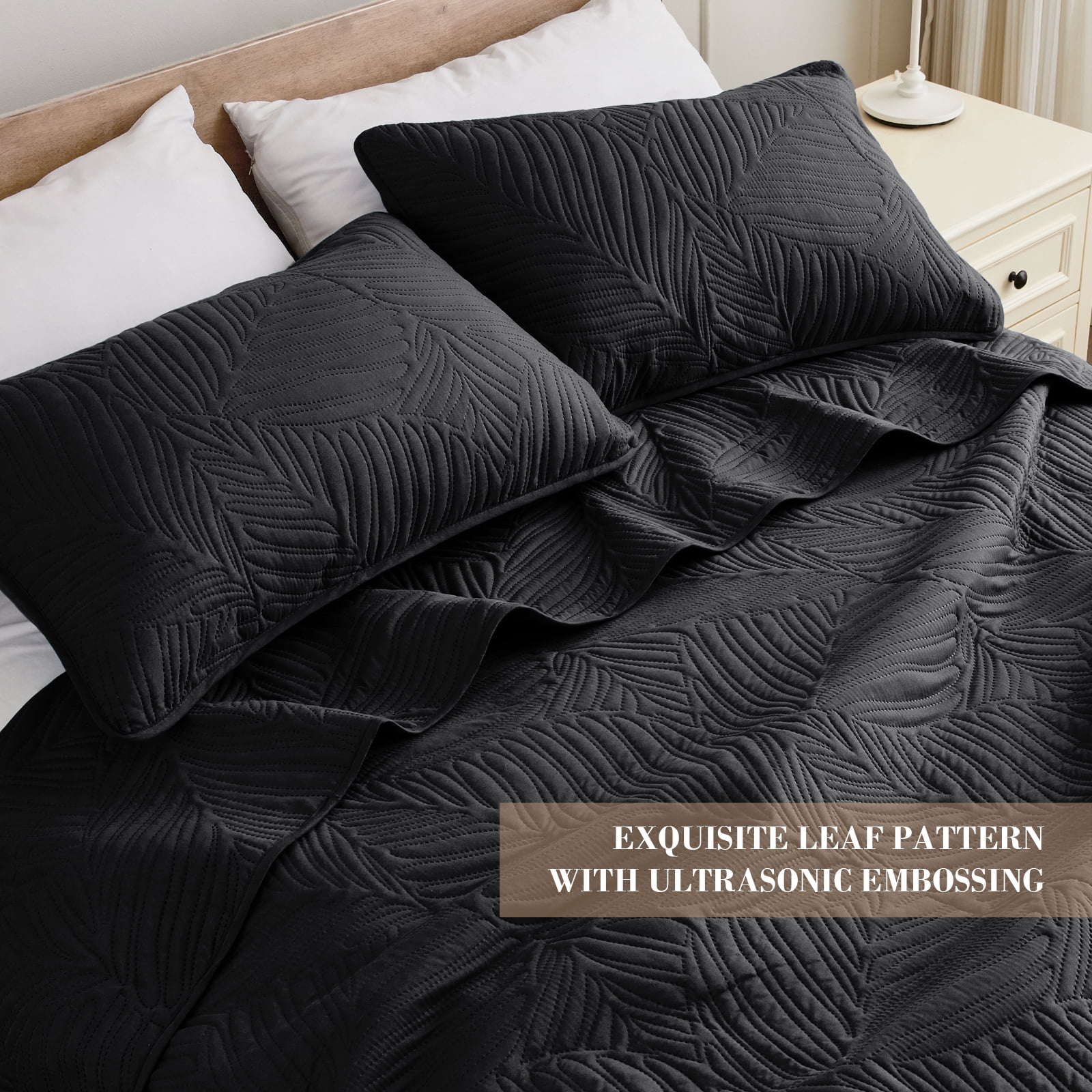 Exclusivo Mezcla Ultrasonic Twin Size Quilt Set Black, 2 Pieces Lightweight Bedspread Leaf Pattern Bed Cover Soft Microfiber Coverlet Bedding Set for All Seasons