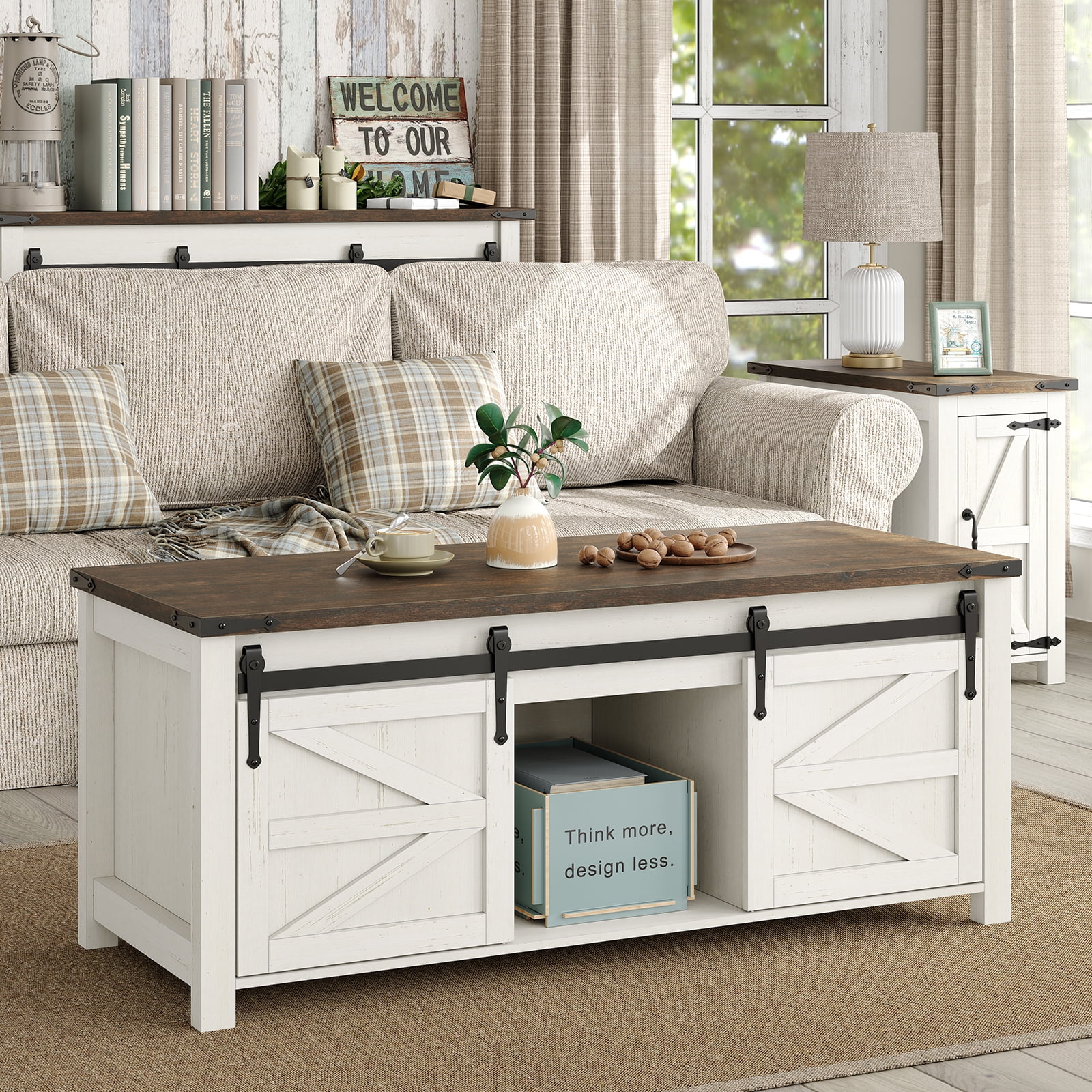 Furnihold 47.3''W Lift Top Coffee Table with Storage, Center Table with Sliding Barn Doors, Farmhouse Wood Rectangle Coffee Table for Living Room Home Office, Brown Top