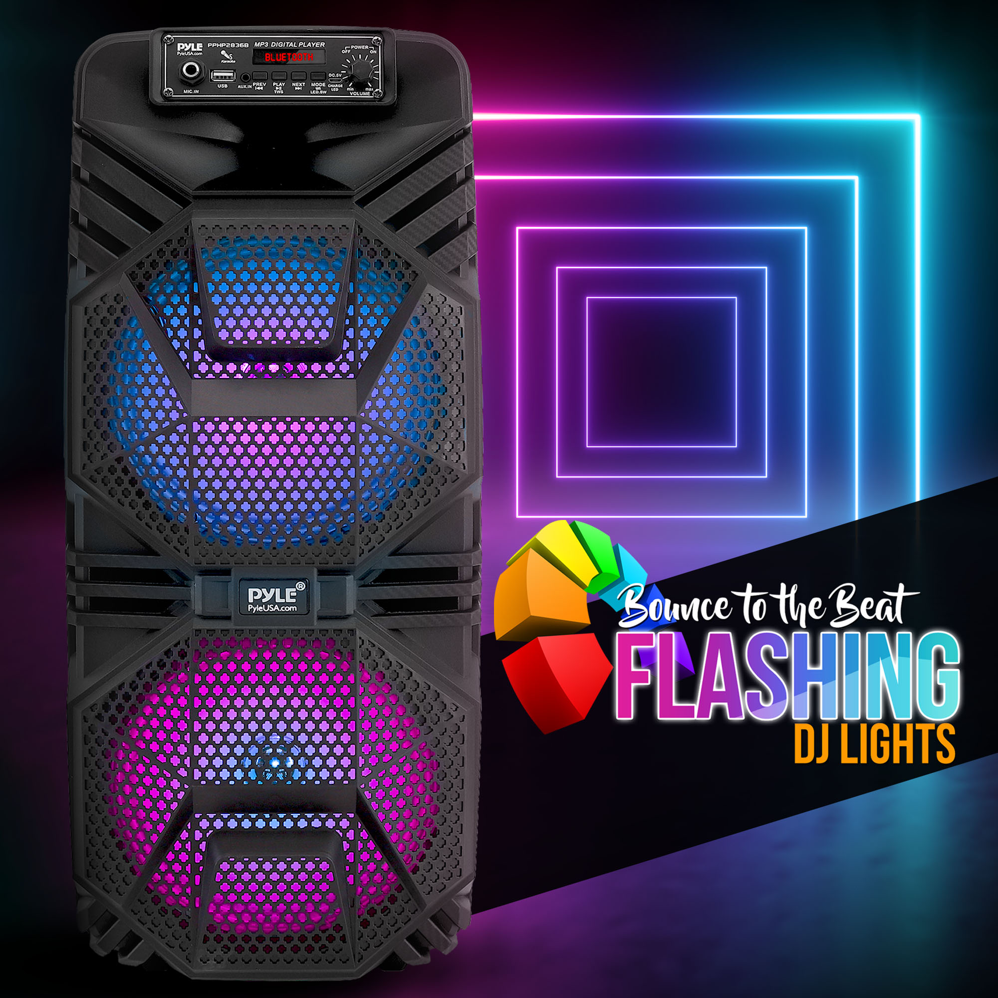 Pyle Dual 8’’ Bluetooth Portable PA Speaker - Portable PA & Karaoke Party Audio Speaker with Built-in Rechargeable Battery, Flashing Party Lights, MP3/USB/ /FM Radio (600 Watt MAX) - image 3 of 3
