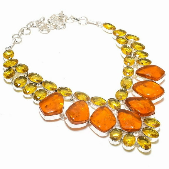 Natural Baltic Amber, Citrine 925 Sterling Silver Jewelry Necklace 18"