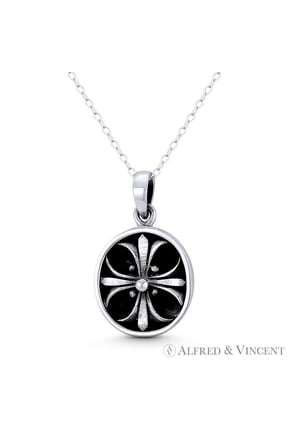 Fleur-De-Lis Medieval Christian Cross 28x17mm (1.1x0.66in) Shield Pendant in Oxidized .925 Sterling Silver