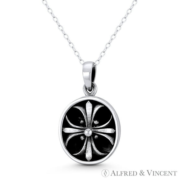 Fleur-De-Lis Medieval Christian Cross 28x17mm (1.1x0.66in) Shield Pendant in Oxidized .925 Sterling Silver