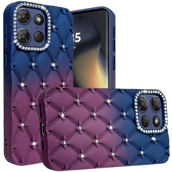 For Motorola Edge 2025 Floral Joy Glitter Shimmer Leather Feel Thick TPU Case - Dark Blue/Burgundy